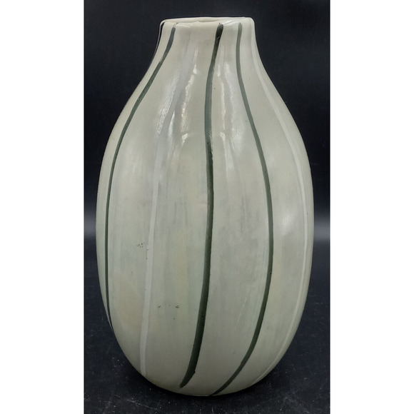 Pretty Lt Sage Green Iridescent Small Vase with Green & White Vertical Lines 5" - Picture 5 of 8